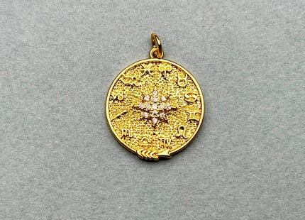Zodiac Star Design Medallion Charms for Necklace Jewelry Making, 18K Gold Filled Charm Pendant With CZ Crystals, One Piece #CR0029