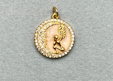Angel Crescent Medallion Charms for Necklace Jewelry Making, 18K Gold Filled Charm Enamel Colored Pendant With CZ, One Piece #CR0025