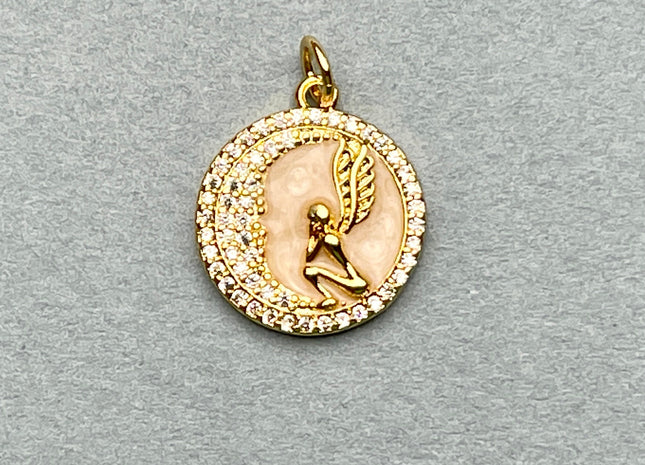 Angel Crescent Medallion Charms for Necklace Jewelry Making, 18K Gold Filled Charm Enamel Colored Pendant With CZ, One Piece #CR0025