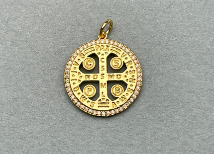 St Benedict Medallion Charms for Necklace Jewelry Making, 18K Gold Filled Charm Medallion Pendant With CZ Crystals, One Piece #CR0014
