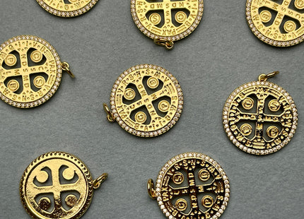 St Benedict Medallion Charms for Necklace Jewelry Making, 18K Gold Filled Charm Medallion Pendant With CZ Crystals, One Piece #CR0014