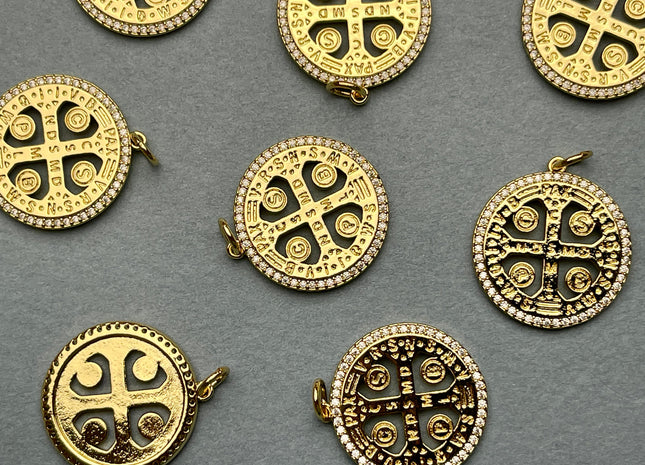 St Benedict Medallion Charms for Necklace Jewelry Making, 18K Gold Filled Charm Medallion Pendant With CZ Crystals, One Piece #CR0014