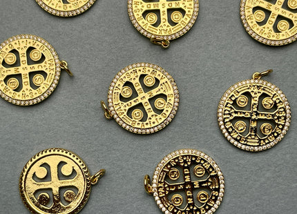 St Benedict Medallion Charms for Necklace Jewelry Making, 18K Gold Filled Charm Medallion Pendant With CZ Crystals, One Piece #CR0014