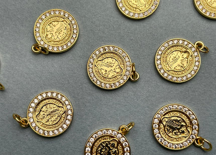 St Benedict Medallion Charms for Necklace Jewelry Making, 18K Gold Filled Charm Medallion Pendant With CZ Crystals, One Piece #CR0024