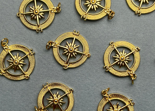 Star Compass Design Medallion Charms for Necklace Jewelry Making, 18K Gold Filled Charm Medallion Pendant With CZ, One Piece #CR0016