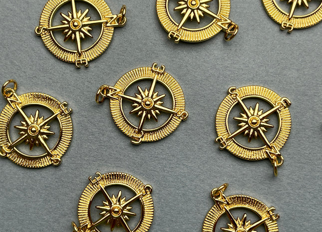 Star Compass Design Medallion Charms for Necklace Jewelry Making, 18K Gold Filled Charm Medallion Pendant With CZ, One Piece #CR0016