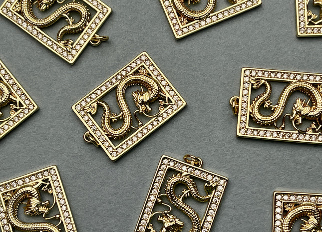 Dragon Charms for Necklace, 18K Gold Filled Charm Pendant With CZ, Rectangular Dragon Charms for Jewelry Making, One Piece #CR0004
