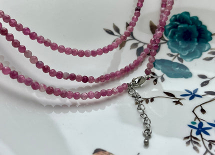 3.5mm Faceted Round Tiny Natural Multi Pink Tourmaline Gemstone Beads Cute Dainty 18 Inch Necklace and Extender W/Silver Lobster Clasp #4096