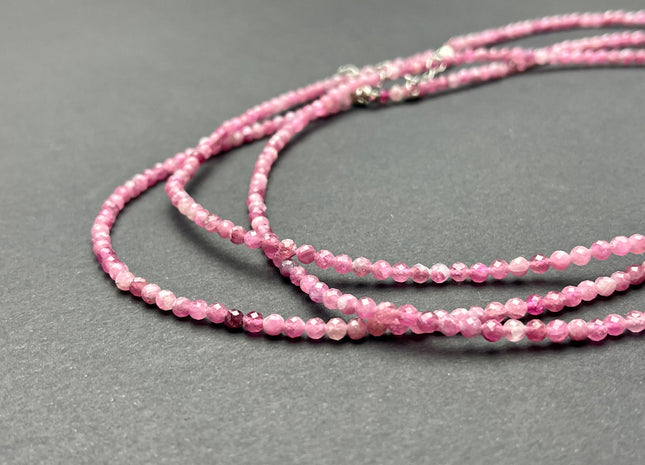 3.5mm Faceted Round Tiny Natural Multi Pink Tourmaline Gemstone Beads Cute Dainty 18 Inch Necklace and Extender W/Silver Lobster Clasp #4096