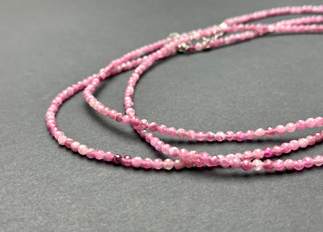 3.5mm Faceted Round Tiny Natural Multi Pink Tourmaline Gemstone Beads Cute Dainty 18 Inch Necklace and Extender W/Silver Lobster Clasp #4096