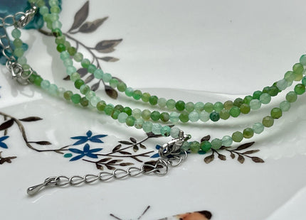 3mm Faceted Round Tiny Natural Multi Green Chrysocolla Gemstone Beads Cute Dainty 18 Inch Necklace and Extender W/Silver Lobster Clasp #4099
