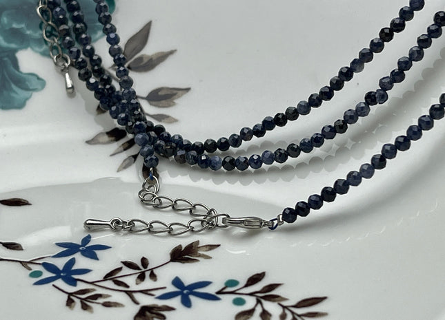 3 mm Faceted Round Tiny Natural Multi Blue Sapphire Gemstone Beads Cute Dainty 18 Inch Necklace and Extender W/Silver Lobster Clasp #4100