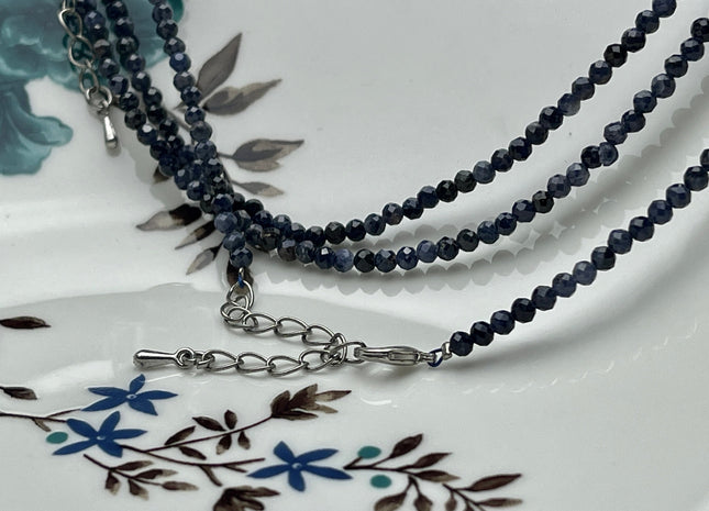 3 mm Faceted Round Tiny Natural Multi Blue Sapphire Gemstone Beads Cute Dainty 18 Inch Necklace and Extender W/Silver Lobster Clasp #4100