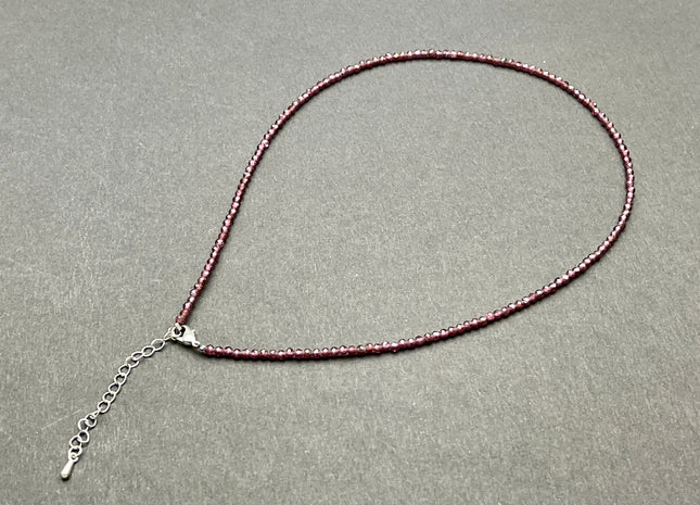 2.5mm Faceted Round Tiny Natural Red Purple Garnet Gemstone Beads Cute Dainty 15 Inch Necklace and Extender W/Silver Lobster Clasp #4101