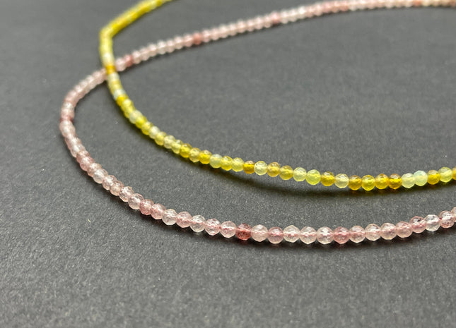 3mm Faceted Round Tiny Natural Multi Pink or Yellow Quartz Gemstone Beads Cute 15 Inch Necklace and Extender W/Silver Lobster Clasp #4094