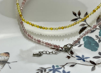 3mm Faceted Round Tiny Natural Multi Pink or Yellow Quartz Gemstone Beads Cute 15 Inch Necklace and Extender W/Silver Lobster Clasp #4094