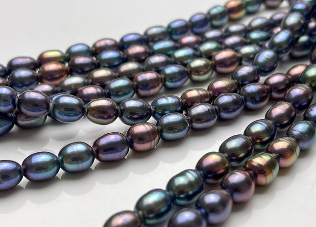 7x9 mm Large Hole Half Strand Peacock Rice Freshwater Pearl Beads Genuine Large hole Freshwater Rice Shape Hole Size 2.0mm #P2128