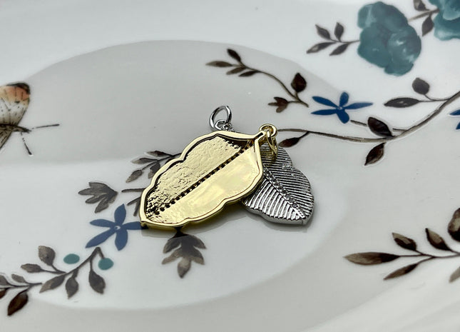 Paved Etched Leaf Charms for Necklace, Sterling Silver or Gold Charm Pendant With CZ, Antique Charms for Jewelry Making, One Piece #CR0006