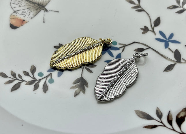 Paved Etched Leaf Charms for Necklace, Sterling Silver or Gold Charm Pendant With CZ, Antique Charms for Jewelry Making, One Piece #CR0006