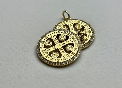 St Benedict Medallion Charms for Necklace Jewelry Making, 18K Gold Filled Charm Medallion Pendant With CZ Crystals, One Piece #CR0014