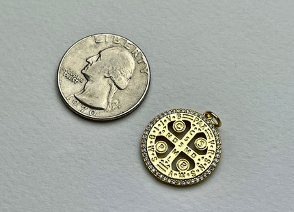 St Benedict Medallion Charms for Necklace Jewelry Making, 18K Gold Filled Charm Medallion Pendant With CZ Crystals, One Piece #CR0014