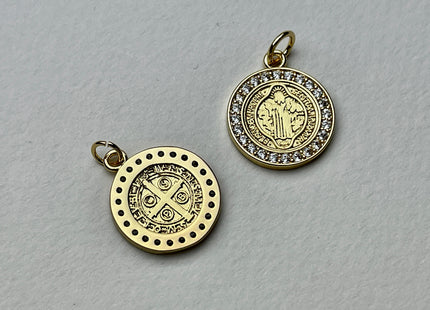 St Benedict Medallion Charms for Necklace Jewelry Making, 18K Gold Filled Charm Medallion Pendant With CZ Crystals, One Piece #CR0024
