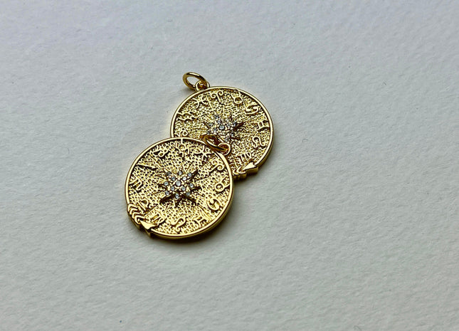 Zodiac Star Design Medallion Charms for Necklace Jewelry Making, 18K Gold Filled Charm Pendant With CZ Crystals, One Piece #CR0029