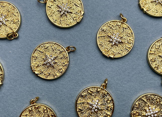 Zodiac Star Design Medallion Charms for Necklace Jewelry Making, 18K Gold Filled Charm Pendant With CZ Crystals, One Piece #CR0029