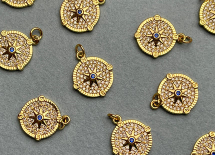 Compass Star Design Circular Charm for Necklace Jewelry Making, 18K Gold Filled Charm Medallion Pendant With CZ, One Piece #CR0013