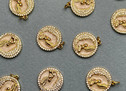 Angel Crescent Medallion Charms for Necklace Jewelry Making, 18K Gold Filled Charm Enamel Colored Pendant With CZ, One Piece #CR0025