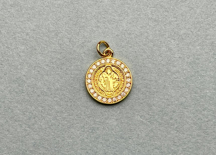 St Benedict Medallion Charms for Necklace Jewelry Making, 18K Gold Filled Charm Medallion Pendant With CZ Crystals, One Piece #CR0024