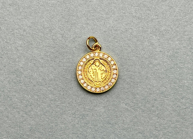 St Benedict Medallion Charms for Necklace Jewelry Making, 18K Gold Filled Charm Medallion Pendant With CZ Crystals, One Piece #CR0024