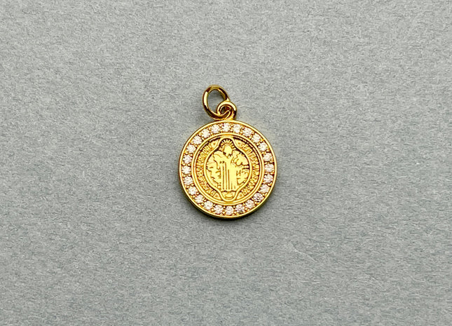 St Benedict Medallion Charms for Necklace Jewelry Making, 18K Gold Filled Charm Medallion Pendant With CZ Crystals, One Piece #CR0024