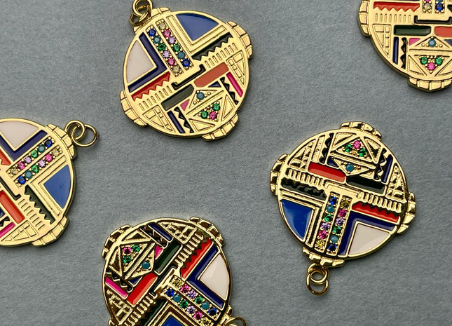 Multi Color Charms for Necklace Jewelry Making, 18K Gold Filled Charm Enamel Colored Medallion Pendant With CZ, One Piece #CR0036