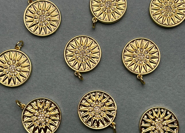 Sun Burst Design Medallion Charms for Necklace Jewelry Making, 18K Gold Filled Charm Pendant With CZ Crystals, One Piece #CR0030