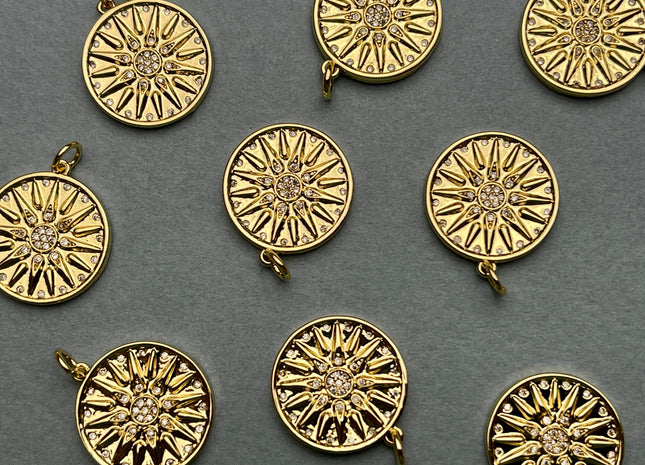 Sun Burst Design Medallion Charms for Necklace Jewelry Making, 18K Gold Filled Charm Pendant With CZ Crystals, One Piece #CR0030