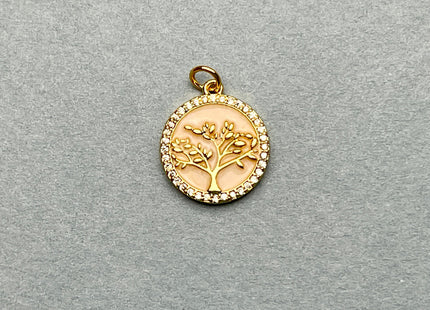 Tree Circular Charms for Necklace Jewelry Making, 18K Gold Filled Charm Enamel Colored Medallion Pendant With CZ, One Piece #CR0012