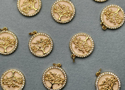 Tree Circular Charms for Necklace Jewelry Making, 18K Gold Filled Charm Enamel Colored Medallion Pendant With CZ, One Piece #CR0012