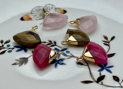 Gemstone Fan Charms for Necklace, Tiger Eye, Rose Quartz, Jade Gemstone Fan Pendant for Jewelry Making, 18x19 mm, Two Pieces #CR0046