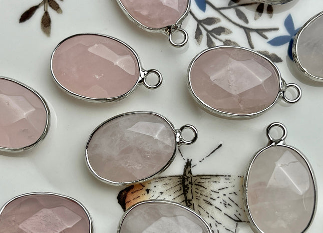 Gemstone Oval Shape Charms for Necklace, Rose Quartz Gemstone Pendant for Jewelry Making, 14x23 mm, One Piece #CR0053