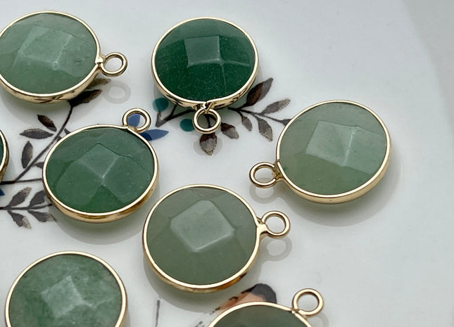 Gemstone Round Coin Shape Charms for Necklace, Pink or Green Aventurine Gemstone Pendant for Jewelry Making, 16 mm, One Piece #CR0056