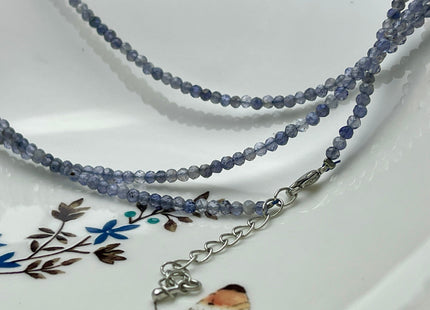 3mm Faceted Round Tiny Natural Multi Purple Gray Iolite Gemstone Beads CuteDainty 18 Inch Necklace and Extender W/Silver Lobster Clasp #4098