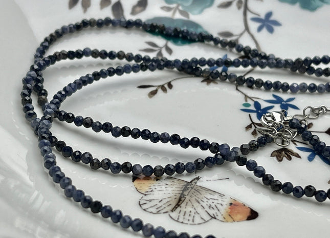 3 mm Faceted Round Tiny Natural Multi Blue Sapphire Gemstone Beads Cute Dainty 18 Inch Necklace and Extender W/Silver Lobster Clasp #4100
