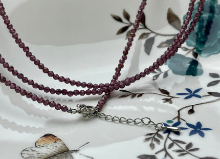 2.5mm Faceted Round Tiny Natural Red Purple Garnet Gemstone Beads Cute Dainty 15 Inch Necklace and Extender W/Silver Lobster Clasp #4101
