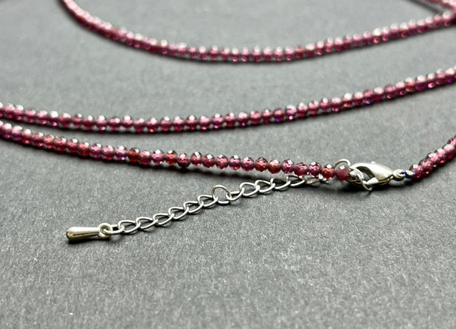 2.5mm Faceted Round Tiny Natural Red Purple Garnet Gemstone Beads Cute Dainty 15 Inch Necklace and Extender W/Silver Lobster Clasp #4101