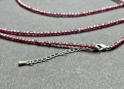 2.5mm Faceted Round Tiny Natural Red Purple Garnet Gemstone Beads Cute Dainty 15 Inch Necklace and Extender W/Silver Lobster Clasp #4101