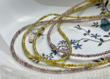 3mm Faceted Round Tiny Natural Multi Pink or Yellow Quartz Gemstone Beads Cute 15 Inch Necklace and Extender W/Silver Lobster Clasp #4094