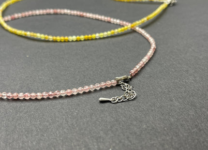 3mm Faceted Round Tiny Natural Multi Pink or Yellow Quartz Gemstone Beads Cute 15 Inch Necklace and Extender W/Silver Lobster Clasp #4094