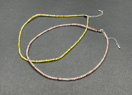 3mm Faceted Round Tiny Natural Multi Pink or Yellow Quartz Gemstone Beads Cute 15 Inch Necklace and Extender W/Silver Lobster Clasp #4094
