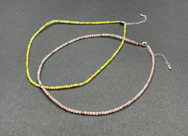 3mm Faceted Round Tiny Natural Multi Pink or Yellow Quartz Gemstone Beads Cute 15 Inch Necklace and Extender W/Silver Lobster Clasp #4094